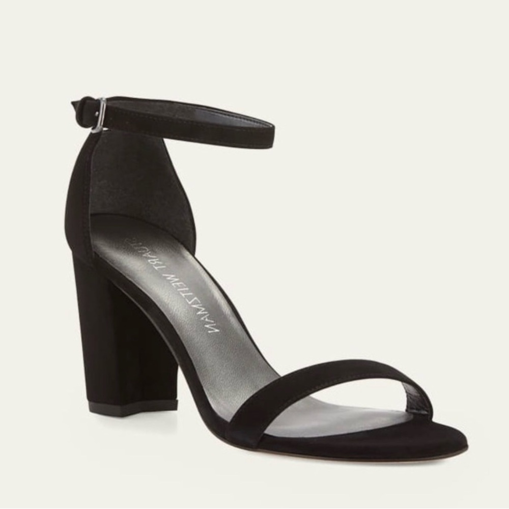 Stuart Weitzman Nearly Nude black suede block heel sandal, size 8